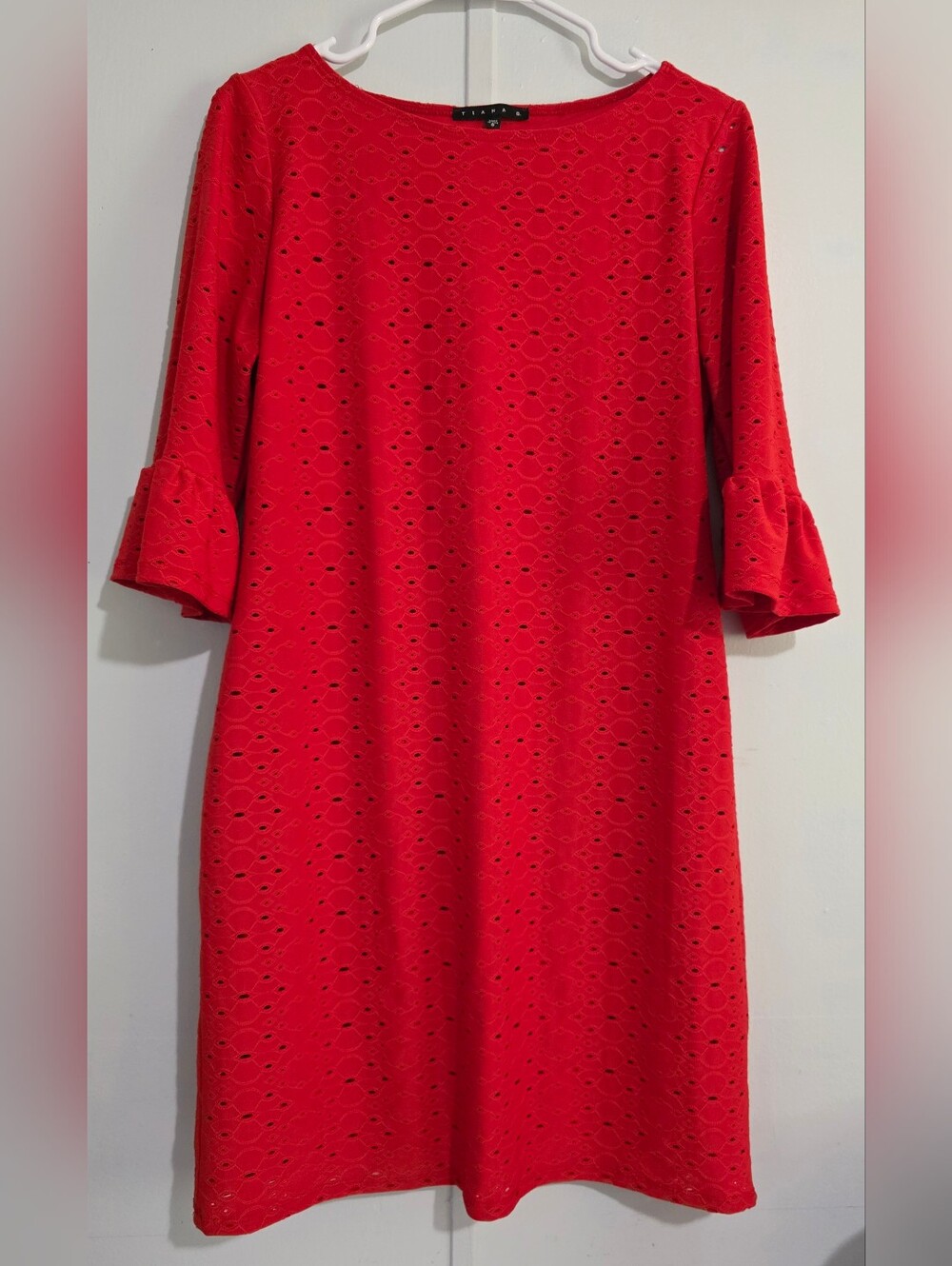 Tiana B. Red Eyelet Shift Dress with Ruffle Sleeves